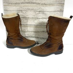 UGG Arquette Brown Leather Winter Boots Womens Size 7 EUR 38  Zip Sheepskin